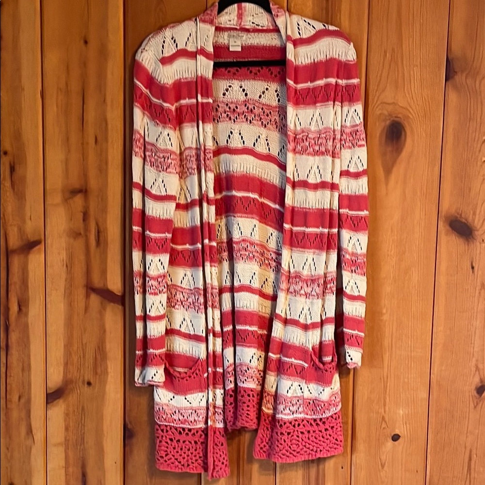 Lucky Brand Red and Cream Long Cardigan Sweater
